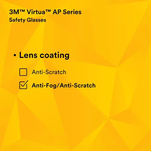 Miniatura 10 de 3M Anteojos de seguridad, Virtua AP, 1 par, ANSI Z87, antiniebla, revestimiento antiarañazos, lente gris, montura gris, protectores laterales