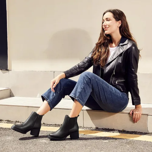 Miniatura 3 de JABASIC Botines Chelsea para mujer, tacón bajo y grueso, con plataforma elástica, sin cordones