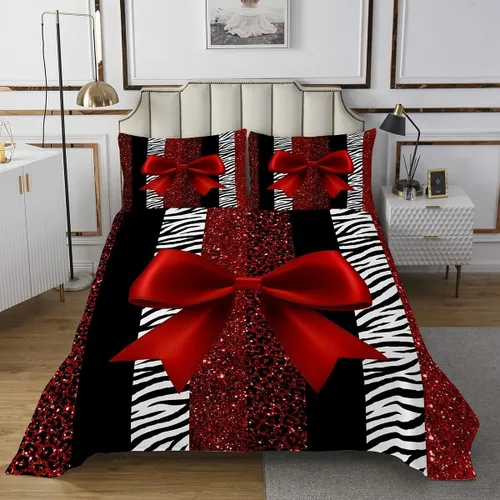 Miniatura 2 de Juego de colcha con lazo para niños, tamaño individual, diseño de cebra y leopardo con purpurina, decoración de habitación para niñas y mujeres