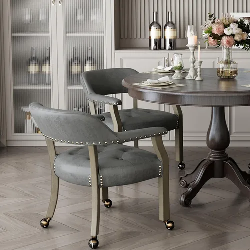 Miniatura 70 de Juego de 8 sillas de cuero de comedor con ruedas y brazos, silla de capitán Accent con ruedas, sillas de madera con ruedas enrollables para cocina