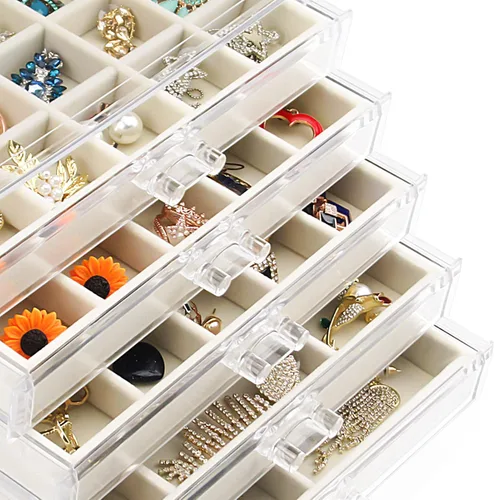 Miniatura 6 de Watpot Joyero acrílico con 5 cajones organizador de almacenamiento de pendientes transparente para mujeres y niñas color beige
