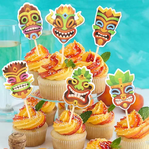 Miniatura 5 de 36 piezas de decoración para cupcakes de Tiki de Hawaii, tótem hawaiano para fiestas temáticas hawaianas, decoración de cupcakes hawaianos Luau
