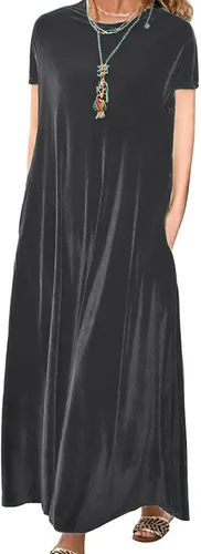 Miniatura 7 de Vestido de terciopelo para mujer, formal, casual, linda, cuello redondo, elegante, de manga corta, con bolsillo