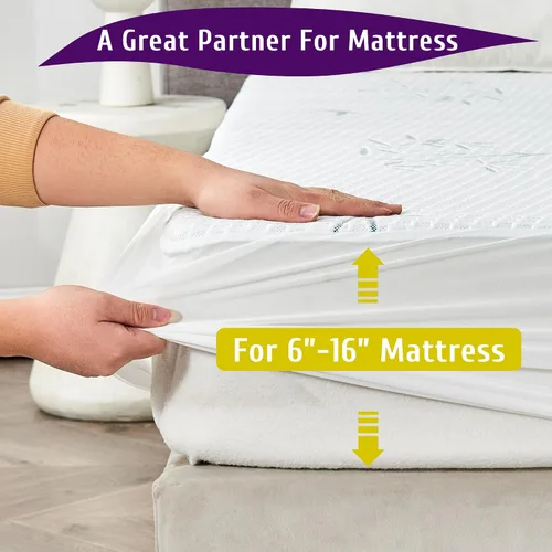 Miniatura 5 de Protector de colchón impermeable de tamaño matrimonial, transpirable y refrescante, estilo sábanas bajeras, bolsillos de 6 a 16 pulgadas