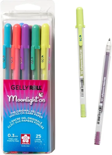 SAKURA Gelly Roll Moonlight 25 Pack, 06 Punta fina, Bolígrafos de tinta de gel opacos brillantes, tinta cremosa y suave, escribe sobre papel oscuro