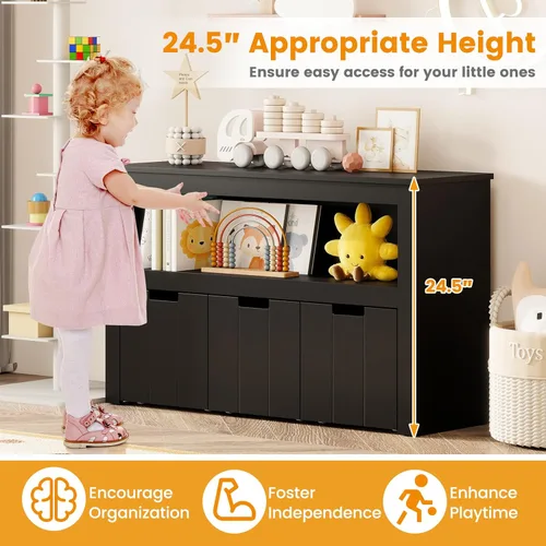 Miniatura 6 de HONEY JOY Organizador de almacenamiento de juguetes para niños, estante de guardería para niños, 3 cajas de juguetes de madera con ruedas, armario