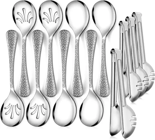 Teivio Juego de 12 utensilios para servir de metal de acero inoxidable martillado, cucharas para servir de 10", cucharas ranuradas de 10", pinzas