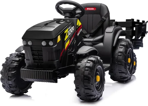 Hikiddo Juguete tractor de paseo para niños de 24 V, tractor eléctrico para niños de 3 a 8 años con remolque, motores de 2 x 200 W, color negro