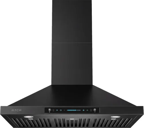 IKTCH Campana extractora negra de 36 pulgadas para montaje en pared, 900 CFM con canalizado/sin conductos, campana de ventilación de acero