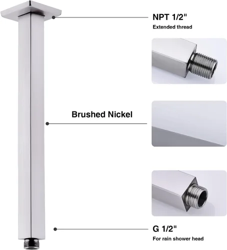 Miniatura 4 de TRUSTMI Brazo de ducha de níquel cepillado con brida, brazo de extensión de cabezal de ducha cuadrado de 16 pulgadas para montaje en techo, acero