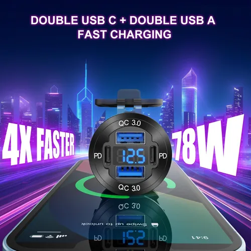 Miniatura 2 de Actualizado Cargador de 4 Puertos 12V USB de Aluminio, 78W Dual PD y QC Múltiples Puertos USB para Coche, Enchufe de 12 Voltios de Reemplazo