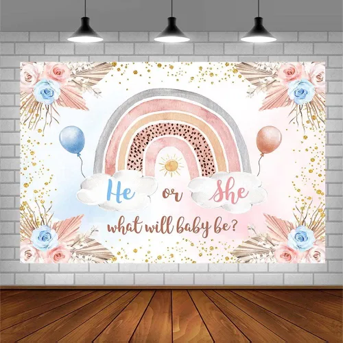 Miniatura 3 de Sendy Fondo bohemio de 7 x 5 pies para revelación de género, diseño de arco iris, decoración de fiesta de baby shower, anuncio de embarazo, pancarta