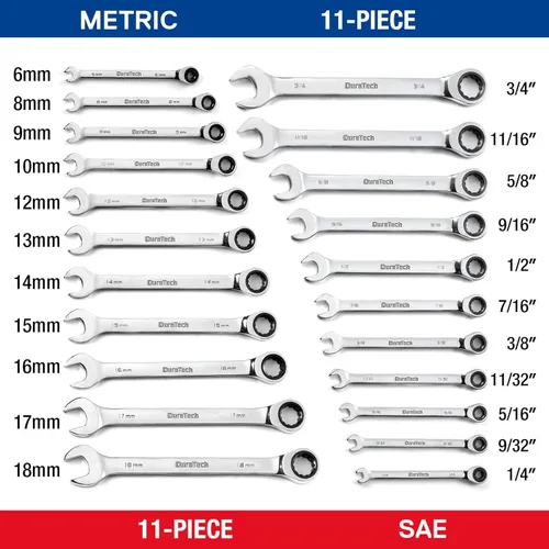 Miniatura 2 de DURATECH - Juego de 22 llaves inglesas ajustables combinadas, SAE y métricas, 1/4" a 3/4" y 6 a 18 mm, de acero al cromo vanadio, con bolsa