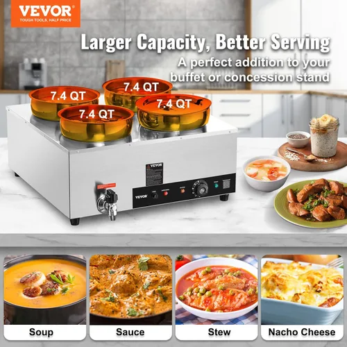 Miniatura 2 de VEVOR Calentador de Sopa Eléctrico, Cuatro Ollas Redondas de Acero Inoxidable de 7.4QT con Temperatura Ajustable de 86~185°F, Bain Marie Comercial