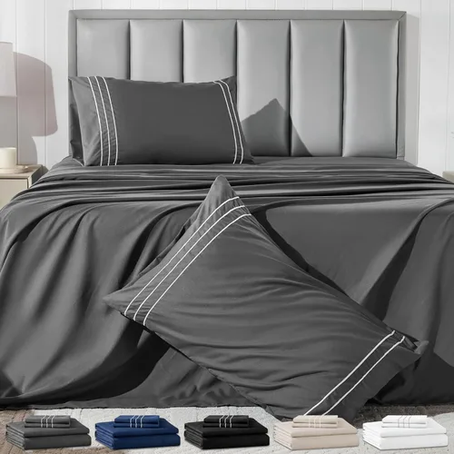 Miniatura 12 de Juego de sábanas tamaño individual con funda de almohada bordada, sábanas de microfibra ultrasuave de 3 piezas, comodidad de hotel de lujo, sábana