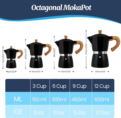 Miniatura 2 de Moka Pot - Cafetera italiana de aluminio de 15.2 fl oz, cafetera para estufa, cafetera espresso Mocha Pot (negro, 3 tazas)