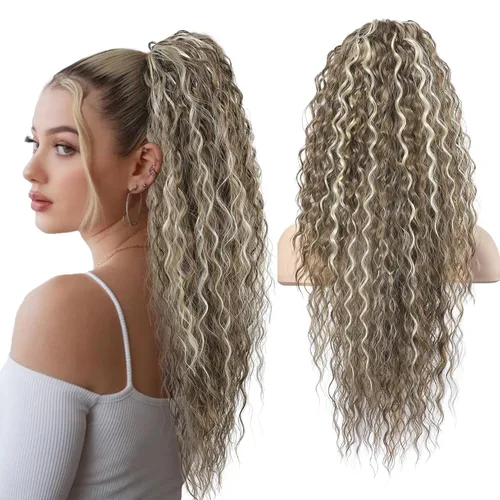 Miniatura 27 de Flufymooz Extensión de cola de caballo, 26 pulgadas, estilo bohemio, con cordón, extensiones de cabello para mujer, cola de caballo larga, rizada