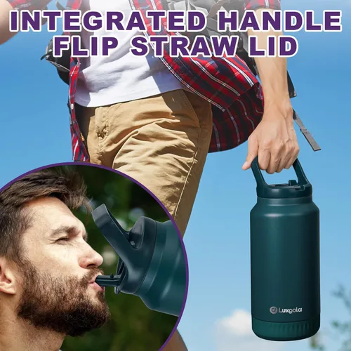 Miniatura 3 de Botella de agua aislada de 64 onzas, vaso de acero inoxidable al vacío de medio galón con tapa abatible con popote y asa superior, mantiene