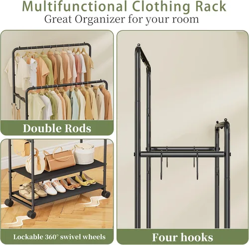 Miniatura 5 de Simple Trending Perchero para colgar ropa, perchero de doble barra con estantes, carga de 400 libras, perchero con ruedas, color negro
