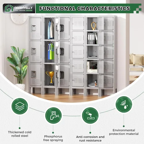 Miniatura 6 de Greenvelly Taquillas de metal de 5 niveles para empleados, armarios de acero para gimnasio, armario de almacenamiento de metal con rejillas, armario
