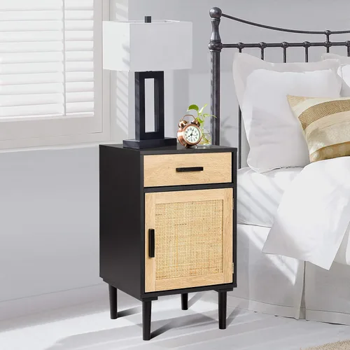 Miniatura 6 de Finnhomy Juego de 2 mesitas de noche altas, mesita de noche, juego de 2 con cajón y estante, puertas decoradas a mano, mesitas de noche con Negro