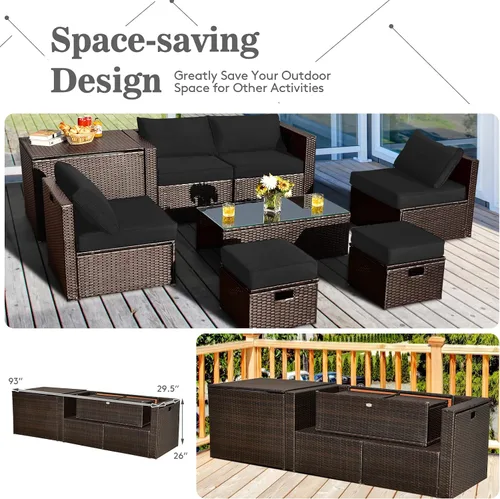Miniatura 6 de Tangkula Patiojoy - Juego de muebles de patio de 8 piezas, sofá seccional de ratán PE para 6 personas con funda impermeable, para jardín, cubierta