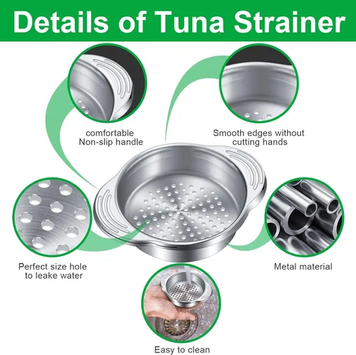 Miniatura 4 de Patelai Colador de latas de atún de acero inoxidable, tamiz de alimentos, tapa de prensa de metal, colador de enlatado, filtro de atún para frijoles