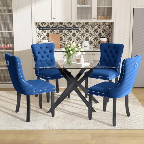 Miniatura 9 de Juego de mesa de comedor de 51 pulgadas de vidrio para 4, mesa de cocina rectangular de vidrio con 4 sillas tapizadas con acentos de terciopelo