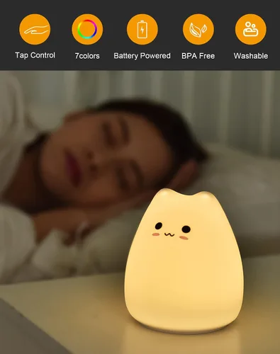 Miniatura 4 de Luz nocturna LED para gatos, luz nocturna alimentada por pilas para niños, bonita lámpara multicolor de silicona con blanco cálido y modo