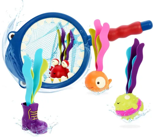 B toys by Battat - Juguetes para piscina de animales marinos; incluye 1 red con forma de tiburón y 4 juguetes de agua para niños mayores de 3 años
