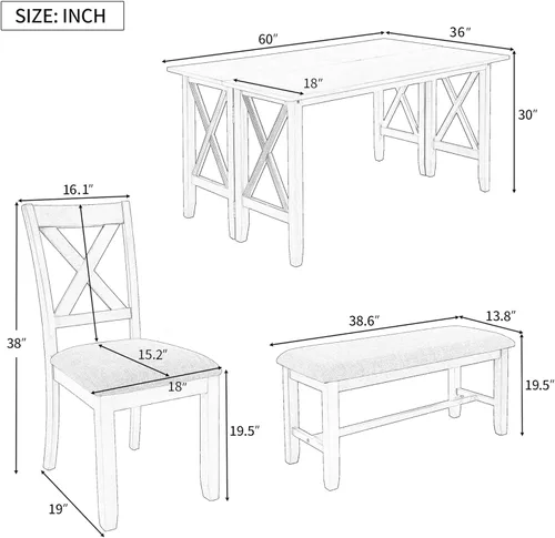 Miniatura 7 de Merax Juego de mesa de comedor de 6 piezas, mesa plegable de madera de 60 pulgadas con 4 sillas tapizadas y banco, juego de mesa de comedor