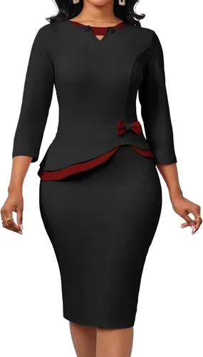 Oxgmoky Vestido de iglesia para mujer, vestido de trabajo, negocios, entallado, manga 34, cuello redondo, vestidos de lápiz