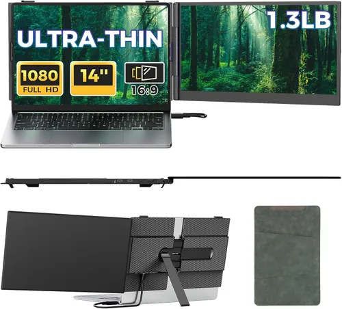 Extensor de pantalla para laptop, monitor portátil FHD 1080P IPS de 14 pulgadas para laptop, ultrafino de 0.17 pulgadas y 1.3 libras, pantalla dual