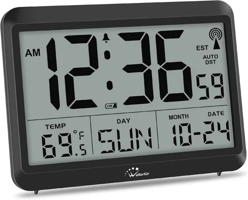 WallarGe - Reloj de pared digital atómico, funciona con pilas, autoconfiguración, pantalla grande con temperatura, fecha, día de la semana, reloj