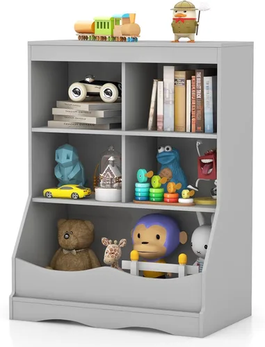 LDAILY Estantería para niños, muebles de dormitorio para niños con 4 cubos, 1 compartimento abierto, estantería de guardería con dispositivo Gris