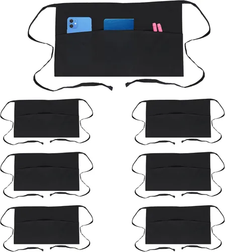 Miniatura 7 de RUVANTI Paquete de 6 delantales de servidor con bolsillos, delantal negro para hombres, delantales de chef de polialgodón para mujeres con correa