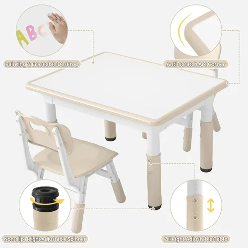 Miniatura 6 de DOREROOM Juego de mesa y 2 sillas para niños, mesa y sillas para niños pequeños de altura ajustable con escritorio de graffiti, 31.5 pulgadas