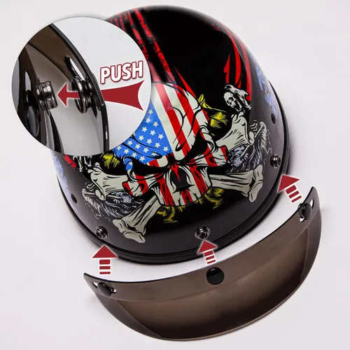 Miniatura 3 de CARTMAN Casco de media cara para motocicleta Cruiser Scooter, diseño de bandera americana con calavera, aprobado por DOT para bicicleta, patineta
