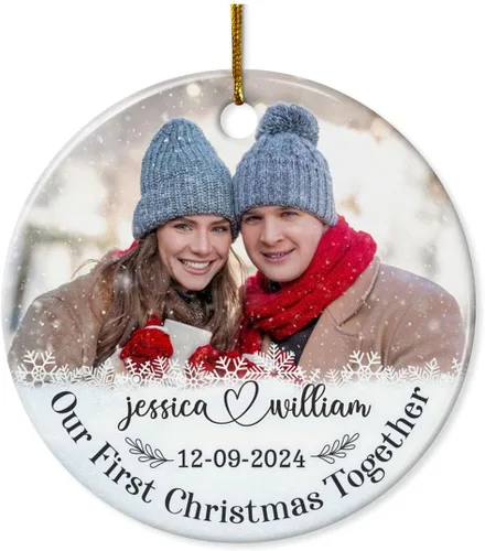Miniatura 14 de Adorno personalizado de primera Navidad para casados, adornos de cerámica de Navidad con foto foto boda matrimonio nombre personalizado recuerdo 1ª