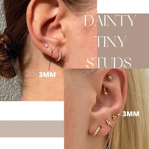 Miniatura 4 de Aretes de tuerca de circonita cúbica pequeña de 0.118 pulgadas, aretes de tuerca de oro de 14 quilates con circonita cúbica para cartílago, hélix