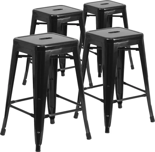 Miniatura 39 de Taburete de 24 pulgadas de alto para interior y exterior con asiento cuadrado., Metal, Negro