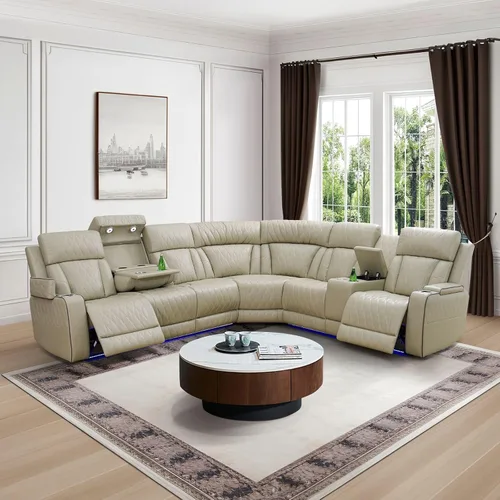 Miniatura 7 de Sofá Seccional Reclinable Eléctrico con Luz LED para Sala de Estar, Juego de Sofá Seccional de Esquina Reclinable de Cuero Sintético, Portavasos