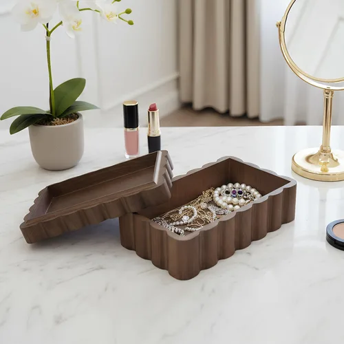 Miniatura 2 de Caja de recuerdo de madera de caucho con borde tallado, joyero con borde ranurado para baratijas y fotos, joyero de madera con forma de abanico, 8.7