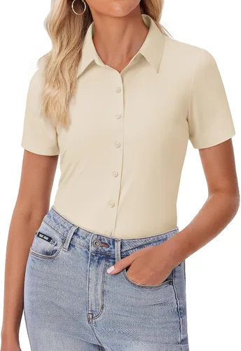 Miniatura 16 de siliteelon Camisa de vestir con botones para mujer, ajustada, elástica, de manga corta, sin arrugas, sólida, formal, para el trabajo
