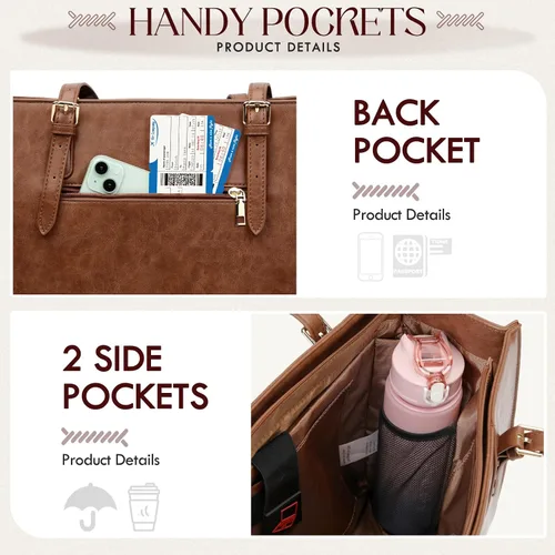 Miniatura 7 de RAINSMORE Bolsa para Laptop para Mujeres, Bolsa Tote para Laptop de 15.6 Pulgadas de Cuero PU Bolsa de Trabajo para Computadora Ligera Bolsos