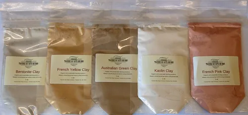 Muestra de arcilla – 5 oz (cinco paquetes de 1 oz), suministros para hacer jabón, verde australiano, bentonita, caolín, rosa francés, amarillo