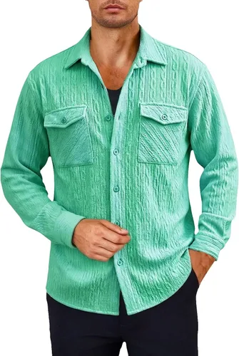 Miniatura 29 de Camisas con botones para hombre, casual, de manga larga, con cuello jacquard, texturizada, ligera, sobrecamisa, sobrecamisa