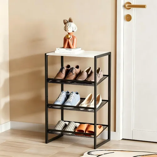Miniatura 10 de Garden 4 you Zapatero estrecho de 3 niveles para armario, zapatero pequeño con mesa de madera marrón, estante de zapatos de metal ajustable