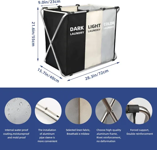 Miniatura 3 de Cesta Clasificadora de Ropa de 180L, Cesta de Ropa Grande Plegable de 3 Secciones para Organización del Cuarto de Lavado, 28" x 21" x 15" Cesta