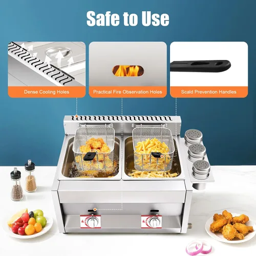 Miniatura 4 de Freidora comercial de gas, 2 freidora de gas de acero inoxidable de 6.34 cuartos de galón, freidora de gas con 2 cestas para restaurantes y puestos
